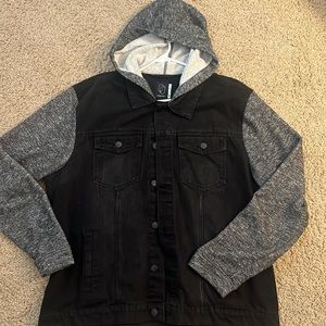 Men’s Original Use XXL black denim jacket with soft grey hood and sleeves